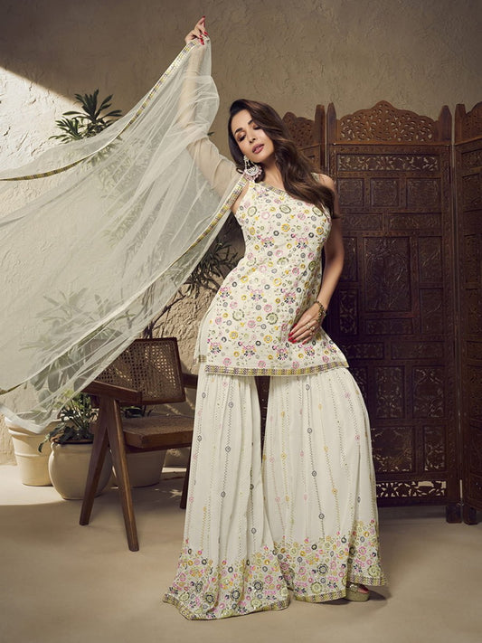 Malaika Arora White Floral Multi Thread and Sequines Embroidered Kurta Set - Inddus.com