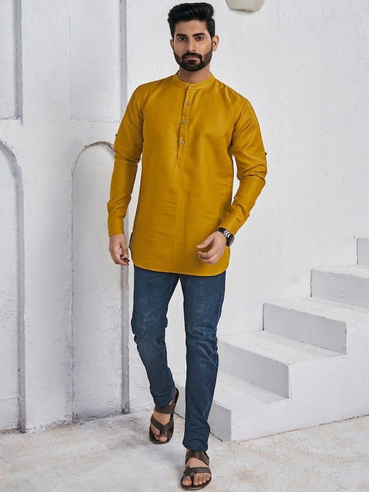 Mandarin Collar Roll Up Sleeves Straight Short Kurta - Inddus.com