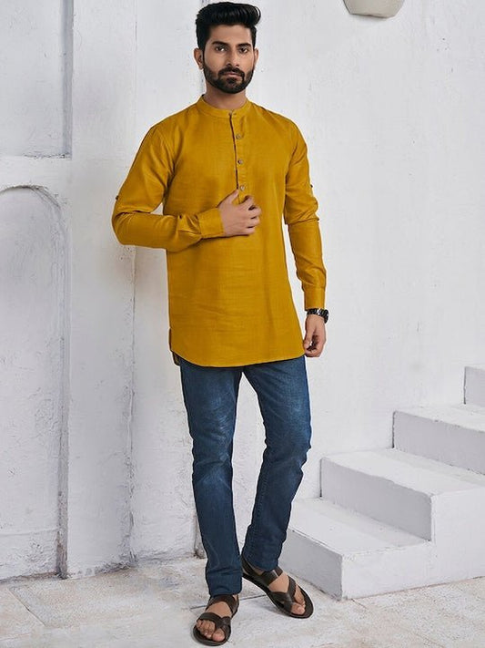 Mandarin Collar Roll Up Sleeves Straight Short Kurta - Inddus.com