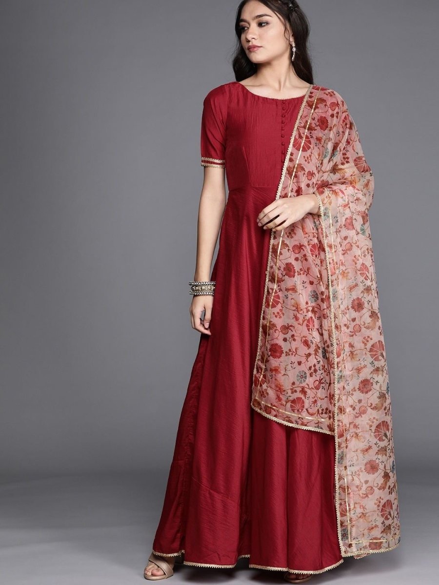 Maroon Anarkali Kurta with Dupatta - Inddus.com