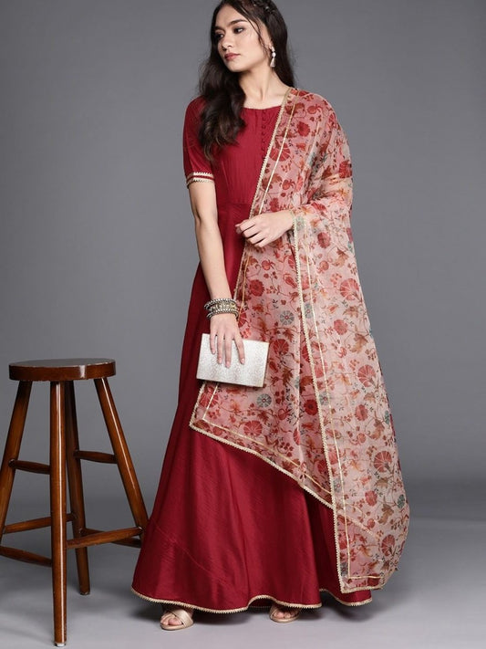 Maroon Anarkali Kurta with Dupatta - Inddus.com