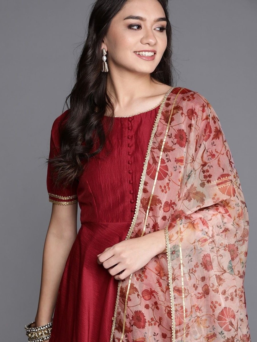 Maroon Anarkali Kurta with Dupatta - Inddus.com