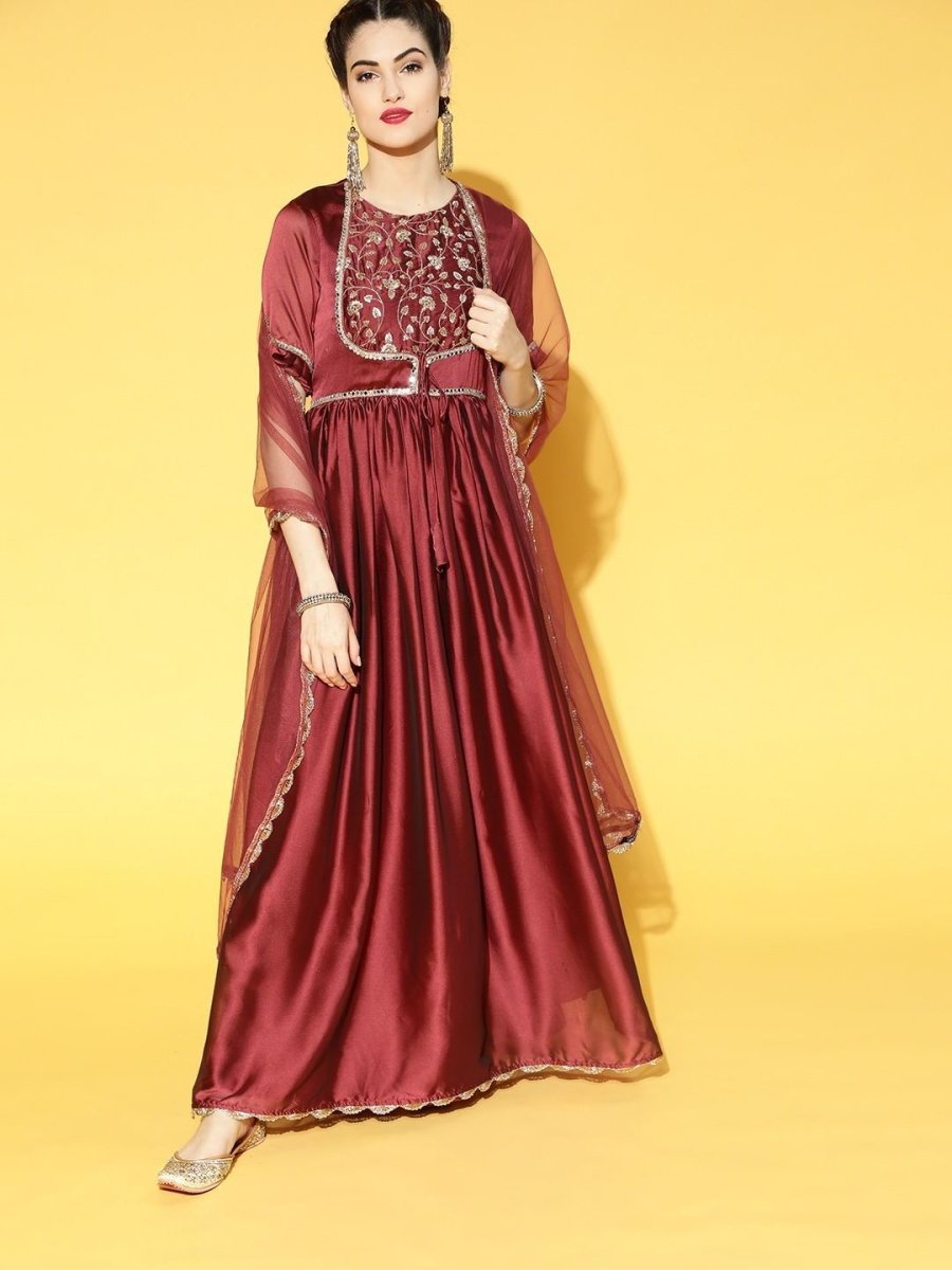 Maroon and Gold Anarkali Kurta with Net Dupatta - Inddus.com