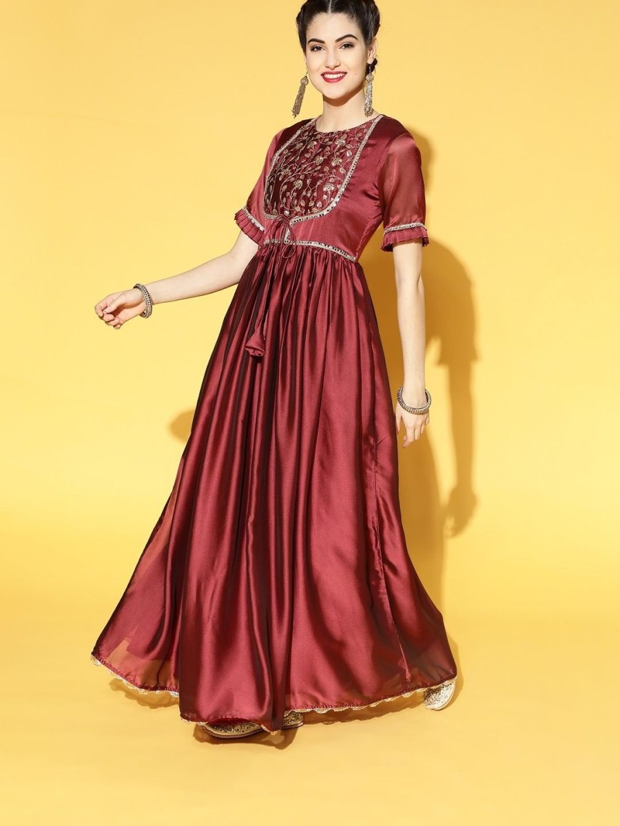 Maroon and Gold Anarkali Kurta with Net Dupatta - Inddus.com