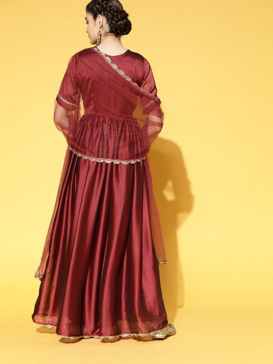 Maroon and Gold Anarkali Kurta with Net Dupatta - Inddus.com