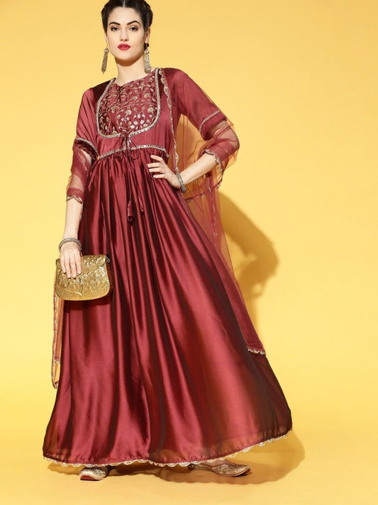 Maroon and Gold Anarkali Kurta with Net Dupatta - Inddus.com