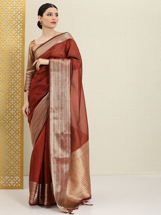 Maroon and Gold Zari Woven Ethnic Motifs Organza Saree - Inddus.com