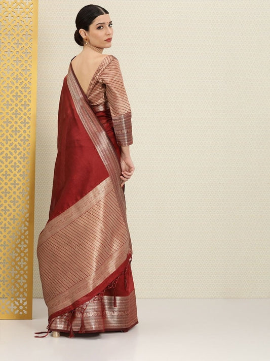 Maroon and Gold Zari Woven Ethnic Motifs Organza Saree - Inddus.com