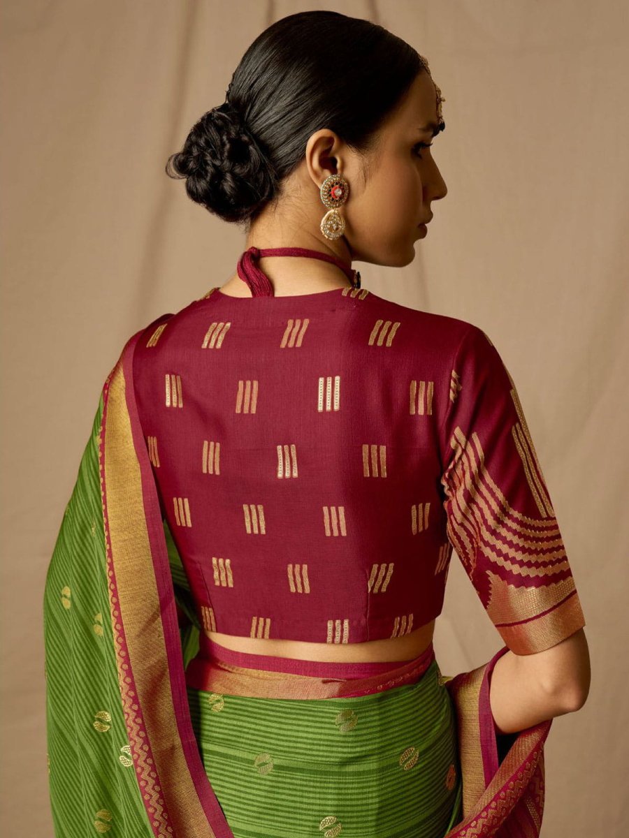 Maroon And Green Soft Silk Woven Design Saree - Inddus.com