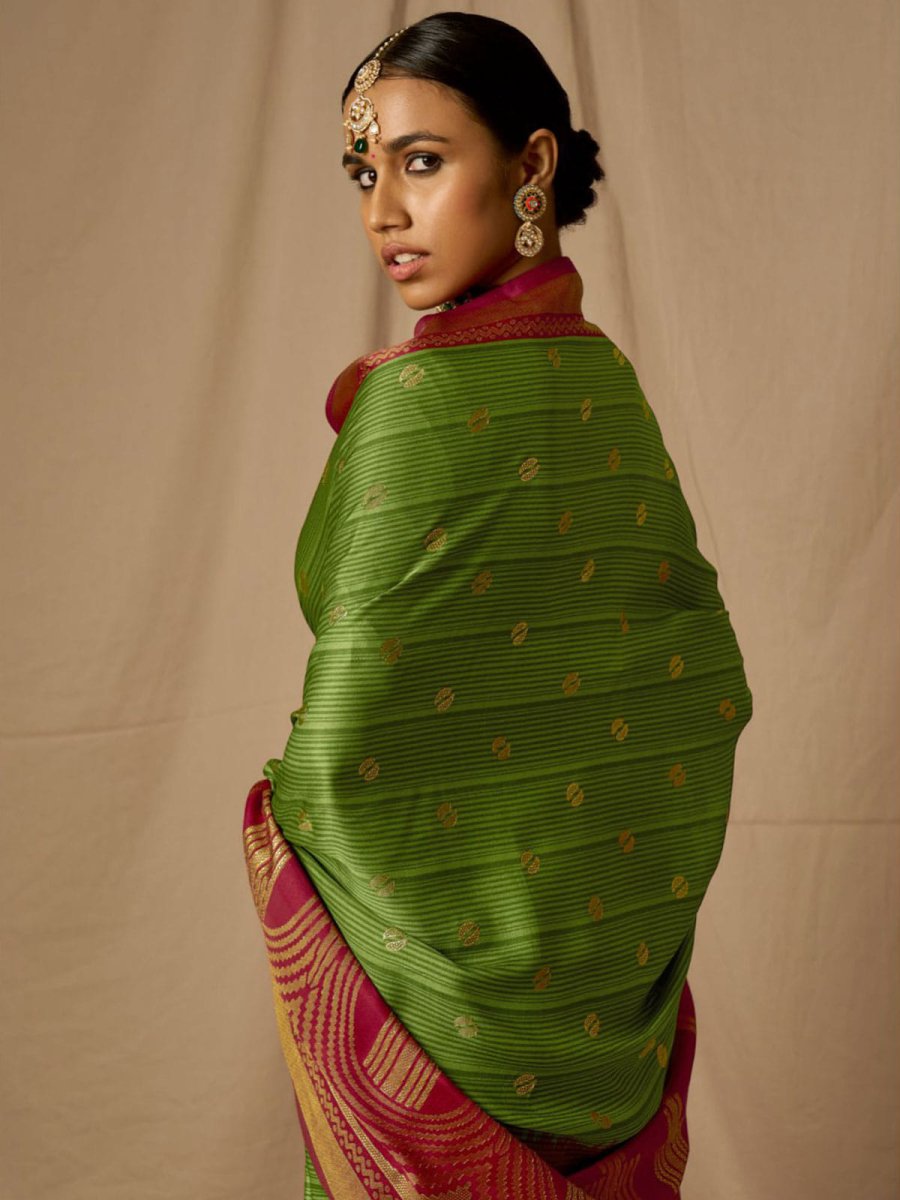 Maroon And Green Soft Silk Woven Design Saree - Inddus.com