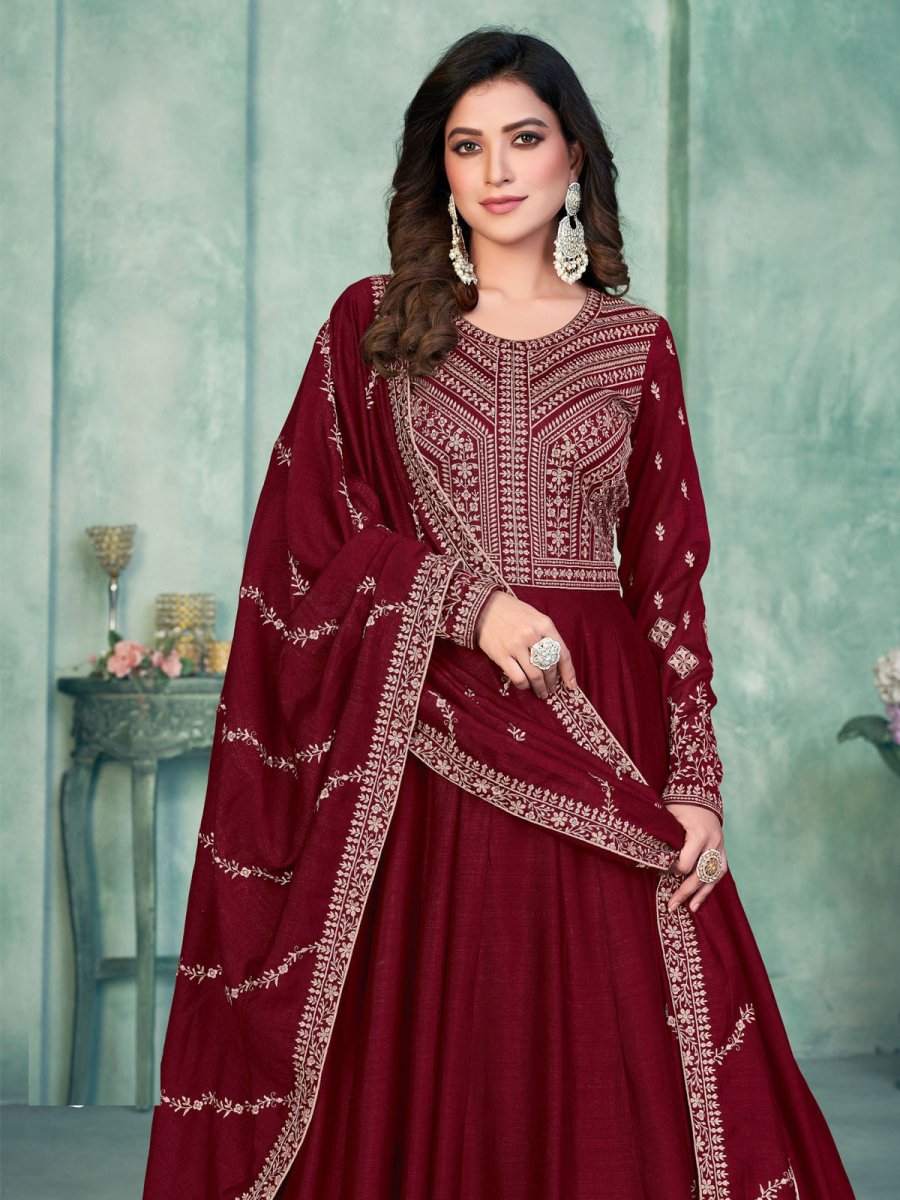 Maroon Art Silk Festive-Wear Anarkali-Suit - Inddus.com