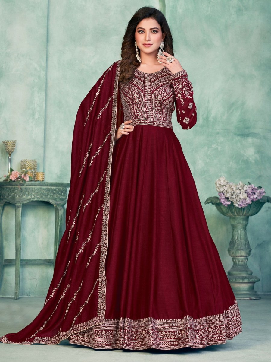 Maroon Art Silk Festive-Wear Anarkali-Suit - Inddus.com