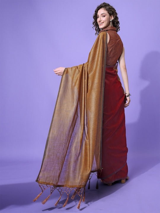 Maroon & Beige Saree - Inddus.com