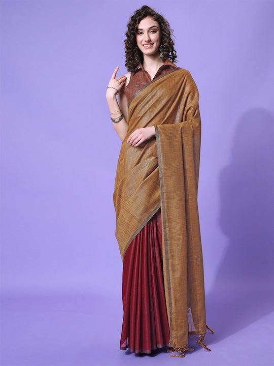 Maroon & Beige Saree - Inddus.com