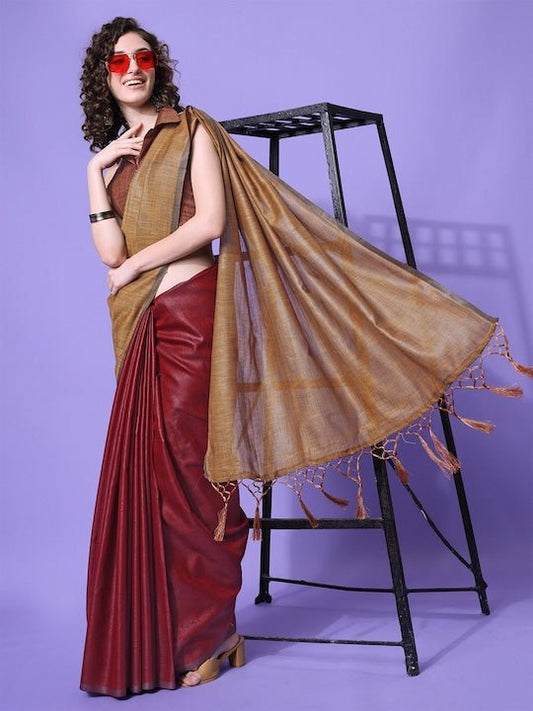 Maroon & Beige Saree - Inddus.com