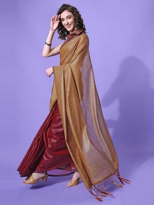 Maroon & Beige Saree - Inddus.com