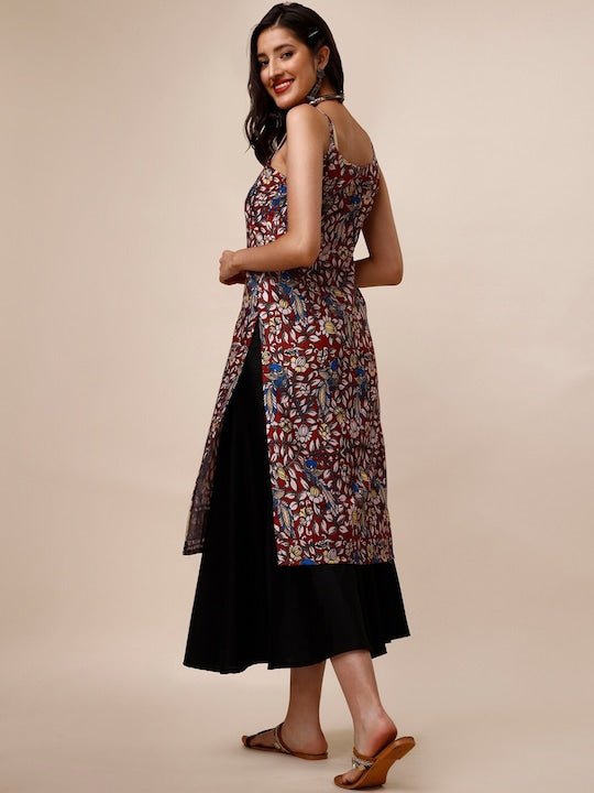 Maroon & Blue Ethnic Motifs Printed Shoulder Straps Kurta - Inddus.com