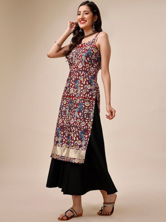 Maroon & Blue Ethnic Motifs Printed Shoulder Straps Kurta - Inddus.com