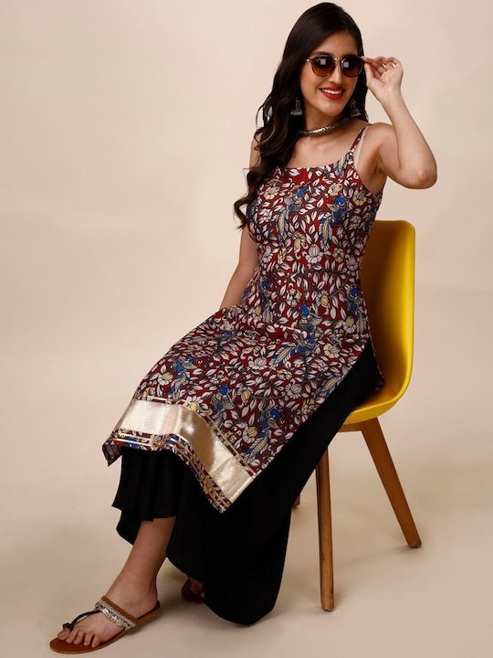 Maroon & Blue Ethnic Motifs Printed Shoulder Straps Kurta - Inddus.com