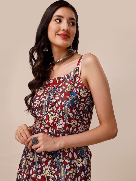 Maroon & Blue Ethnic Motifs Printed Shoulder Straps Kurta - Inddus.com