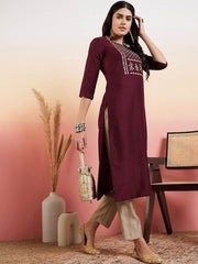 Maroon Cotton Zari Embroidered Yoke Design Thread Work Kurta - Inddus.com