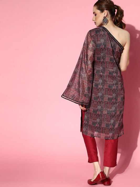 Maroon Digital Print Kurta with Trousers - Inddus.com