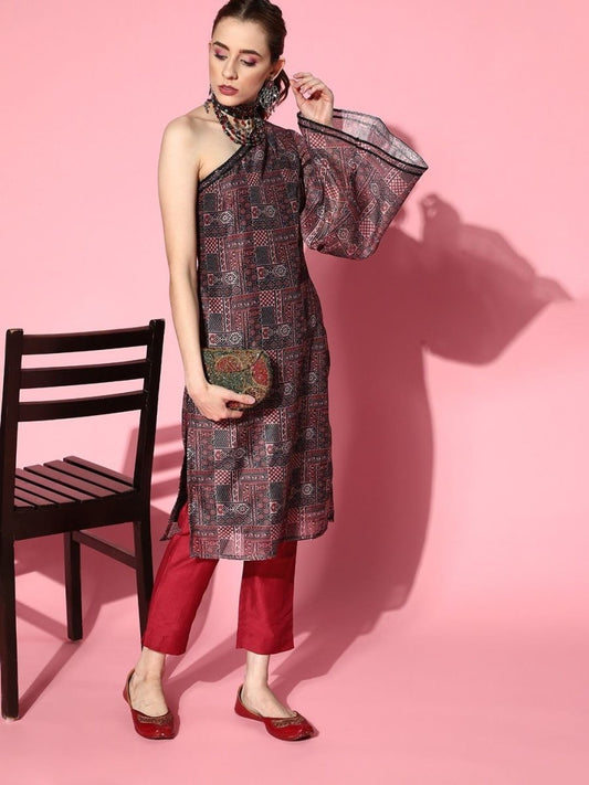 Maroon Digital Print Kurta with Trousers - Inddus.com