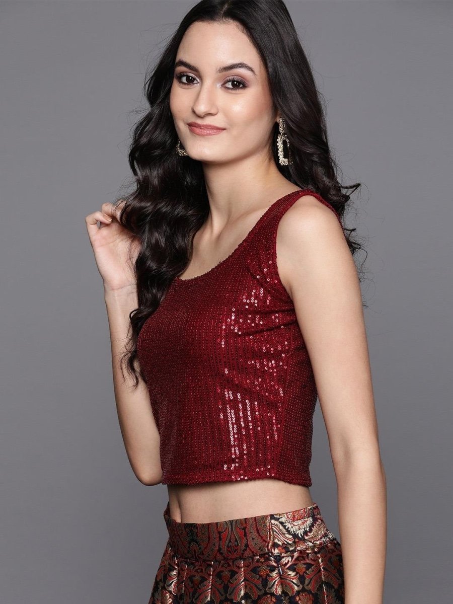 Maroon Embellished Crop Top - inddus-us