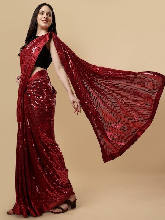 Maroon Embellished Sequinned Saree - Inddus.com