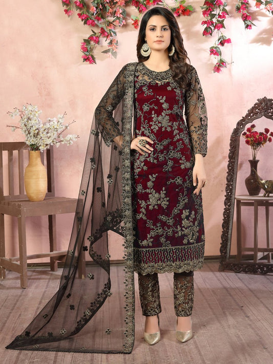 Maroon Embroidered Festive Wear Straight Cut Suit - Inddus.com