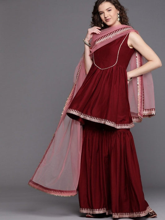 Maroon Embroidered Kurta with Sharara and Net Dupatta - Inddus.com