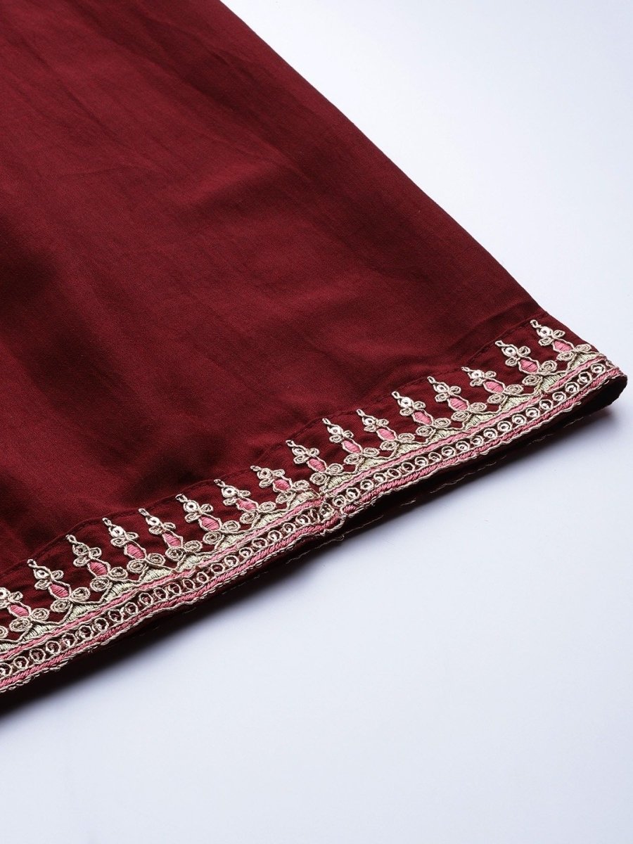 Maroon Embroidered Kurta with Sharara and Net Dupatta - Inddus.com