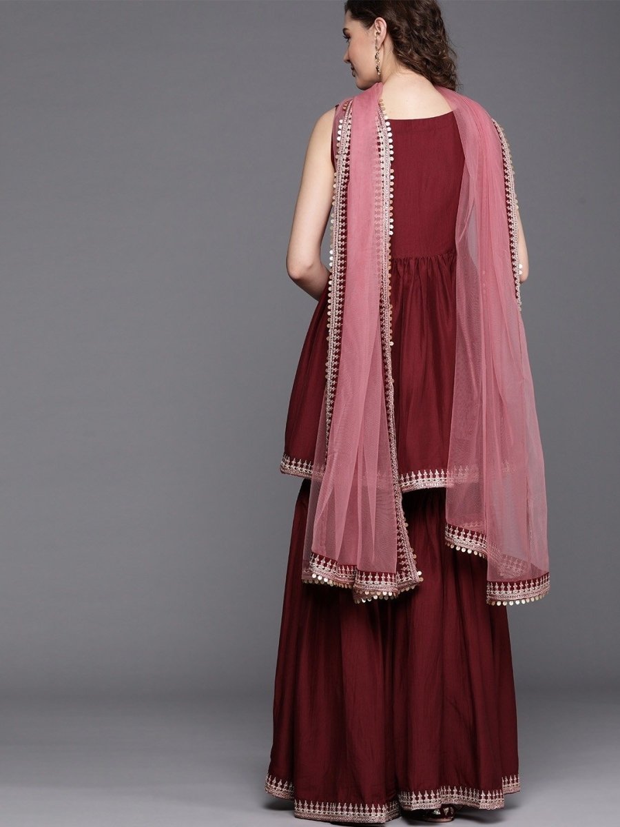 Maroon Embroidered Kurta with Sharara and Net Dupatta - Inddus.com