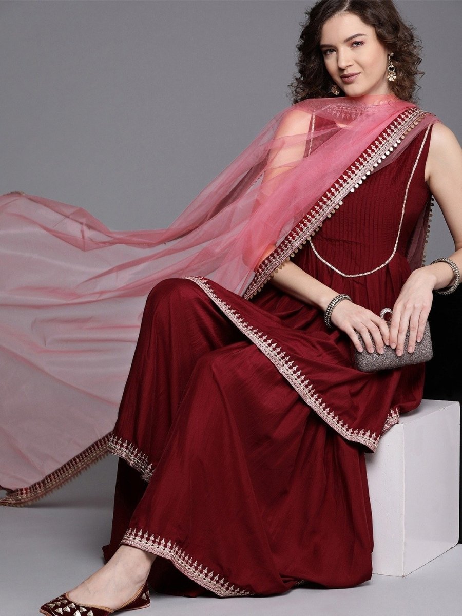 Maroon Embroidered Kurta with Sharara and Net Dupatta - Inddus.com