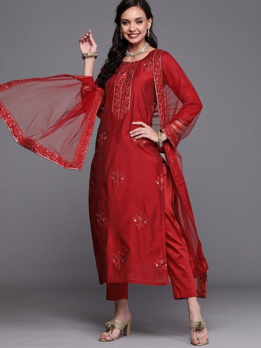 Maroon Embroidered Kurta with Trousers and Dupatta - Inddus.com