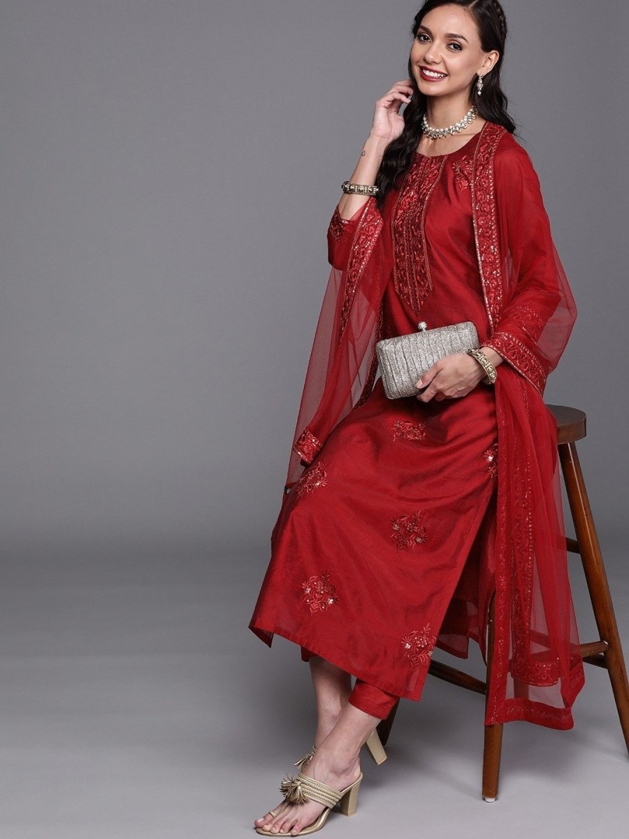 Maroon Embroidered Kurta with Trousers and Dupatta - Inddus.com