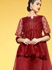 Maroon Embroidered Pleated Kurta with Palazzo and Ruffled Dupatta - Inddus.com