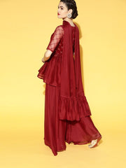 Maroon Embroidered Pleated Kurta with Palazzo and Ruffled Dupatta - Inddus.com