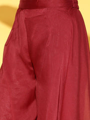 Maroon Embroidered Pleated Kurta with Palazzo and Ruffled Dupatta - Inddus.com