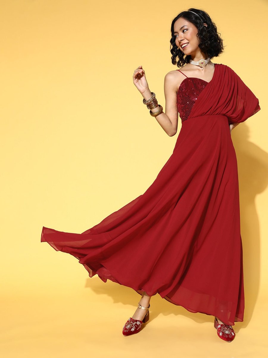 Maroon Embroidered Sequined One Shoulder Gown - Inddus.com