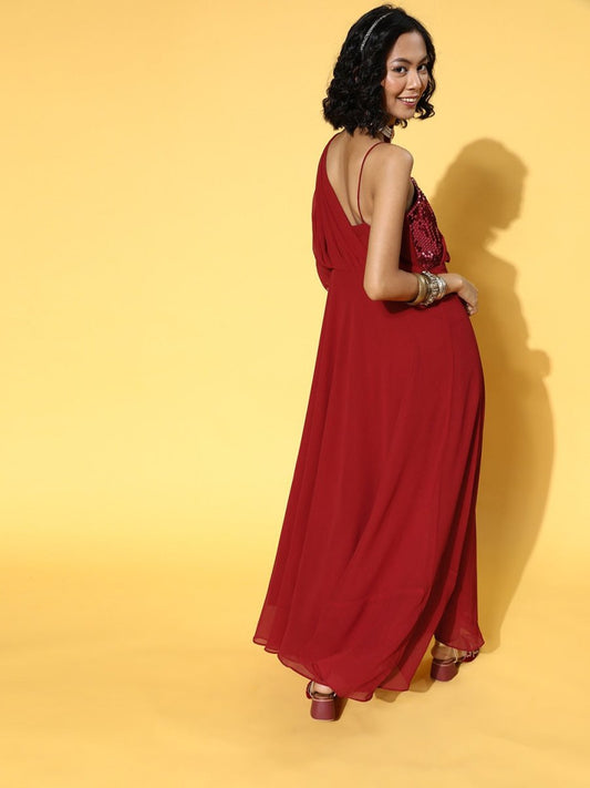 Maroon Embroidered Sequined One Shoulder Gown - Inddus.com