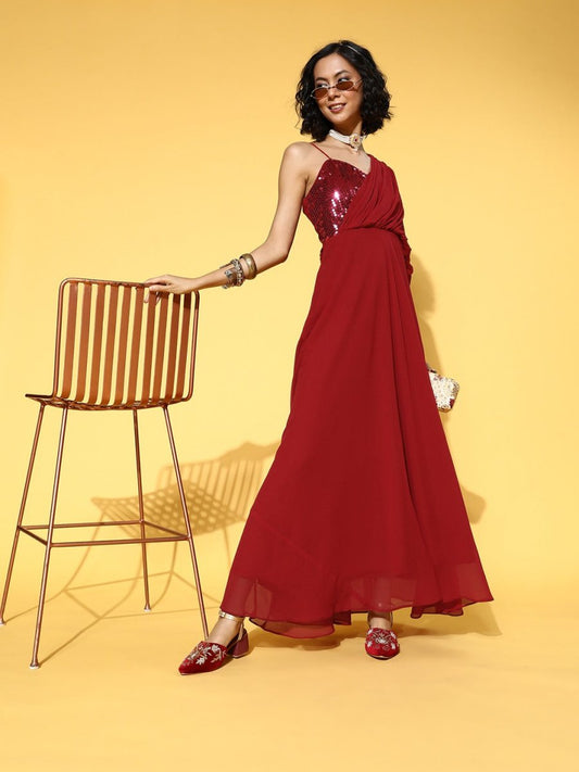 Maroon Embroidered Sequined One Shoulder Gown - Inddus.com