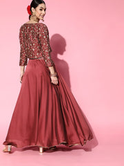 Maroon Embroidered Skirt with Solid Top and Embroidered Jacket - Inddus.com