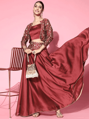 Maroon Embroidered Skirt with Solid Top and Embroidered Jacket - Inddus.com