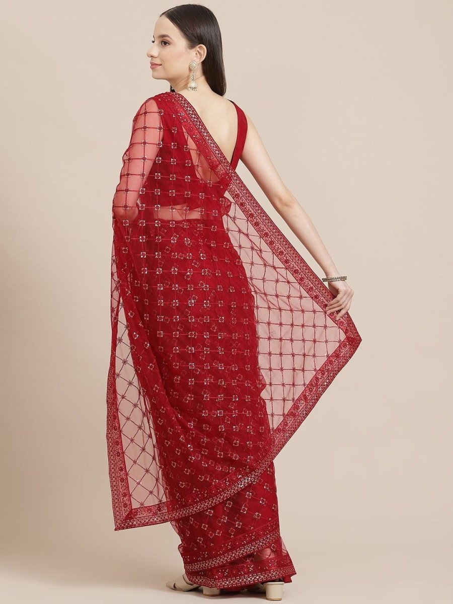 Maroon Ethnic Motifs Sequinned Net Saree - Inddus.com