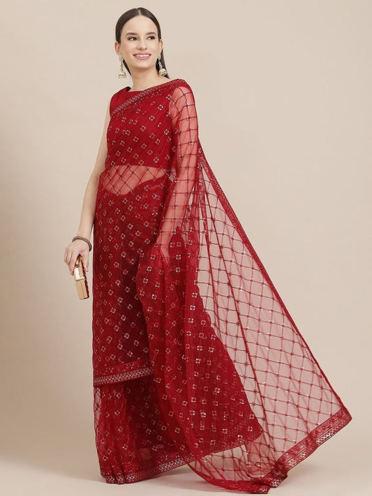 Maroon Ethnic Motifs Sequinned Net Saree - Inddus.com