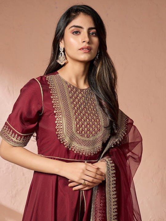 Maroon Ethnic Motifs Yoke Design Sequinned A-Line Kurta With Trousers & Dupatta - Inddus.com