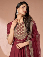 Maroon Ethnic Motifs Yoke Design Sequinned A-Line Kurta With Trousers & Dupatta - Inddus.com