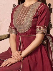 Maroon Ethnic Motifs Yoke Design Sequinned A-Line Kurta With Trousers & Dupatta - Inddus.com