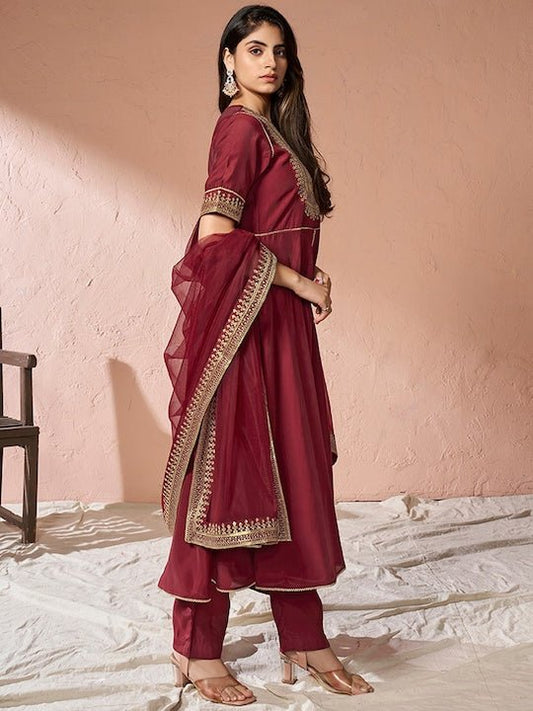 Maroon Ethnic Motifs Yoke Design Sequinned A-Line Kurta With Trousers & Dupatta - Inddus.com